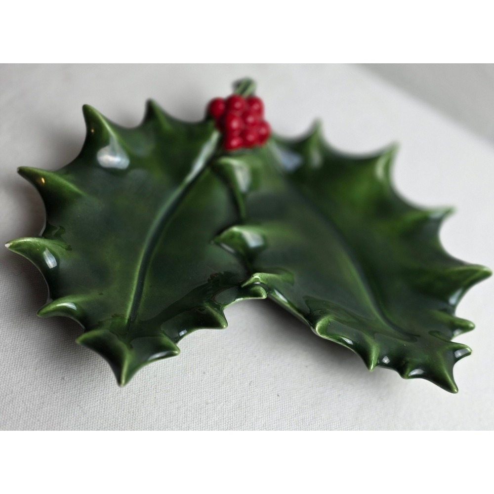 Vintage Ceramic Holly Leaf Christmas Candy Dish Green Red Berry Festive